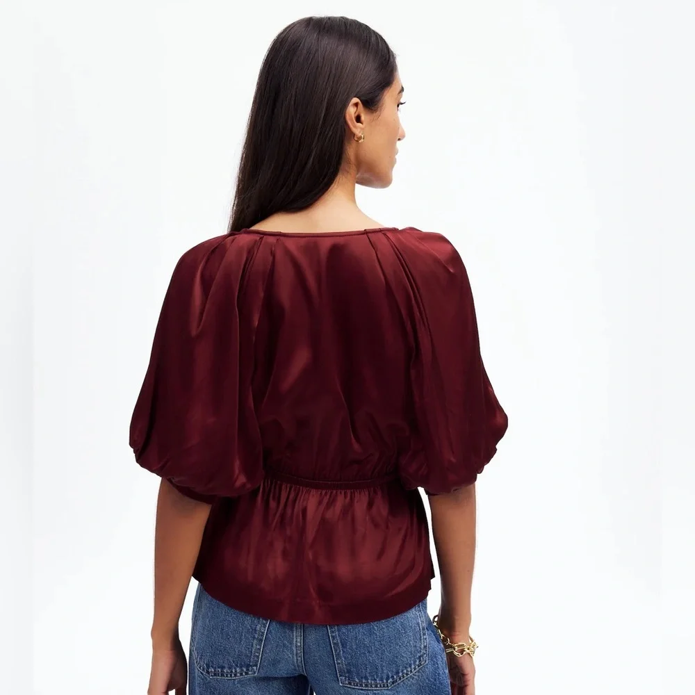 NWT Madewell Shirred Puff-Sleeve Top in Satin